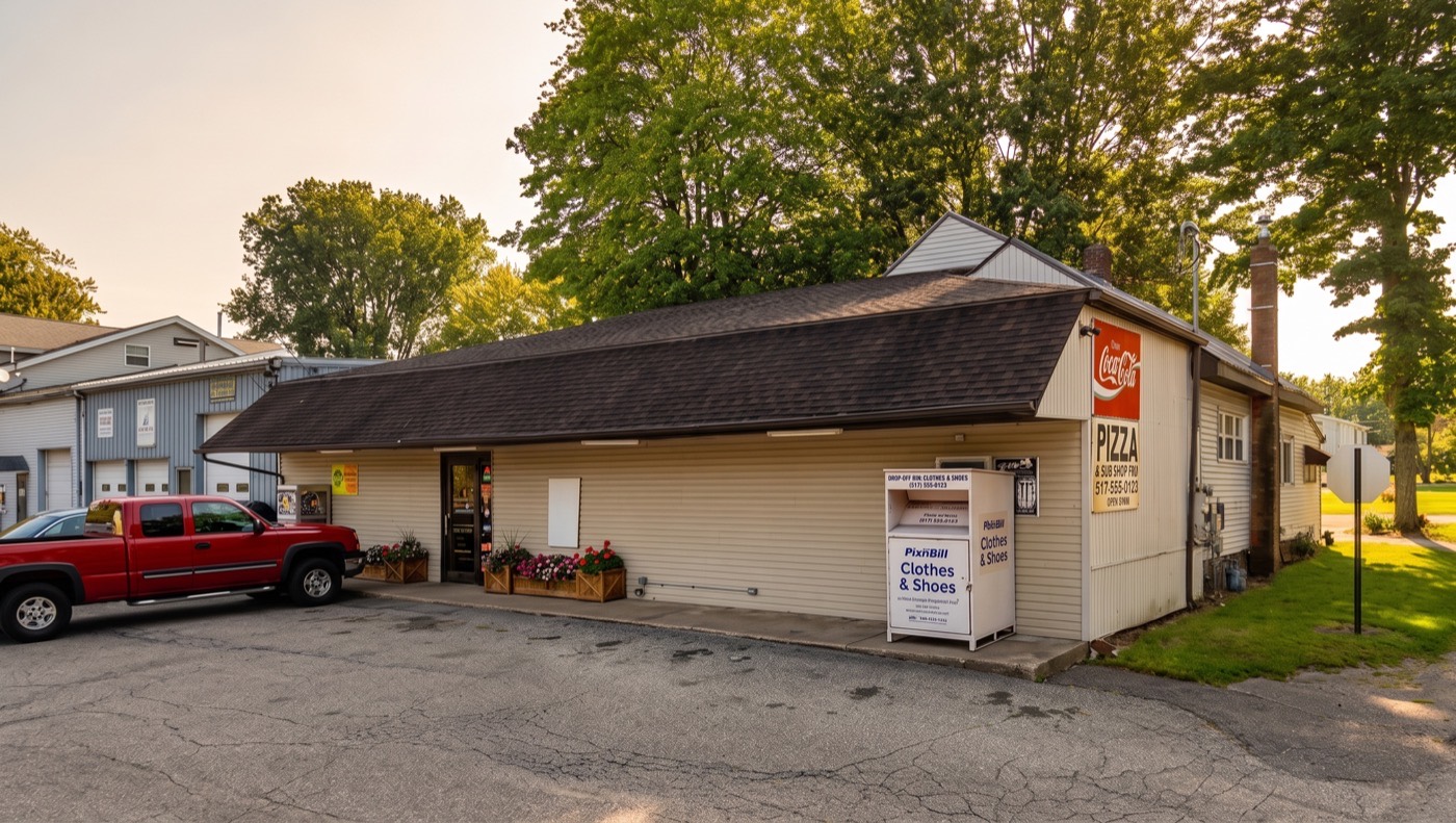 The store from the parking lot at golden hour — low cream building, Coca-Cola and pizza signs on the end wall, a pickup parked out front